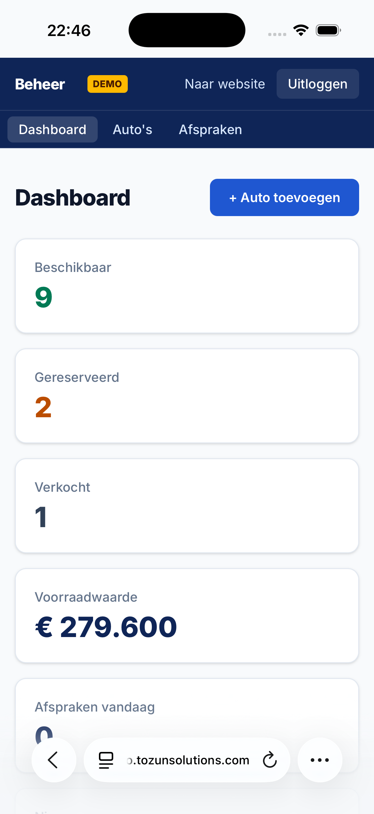 Autohuis Merwede beheerdashboard met voorraad en afspraken