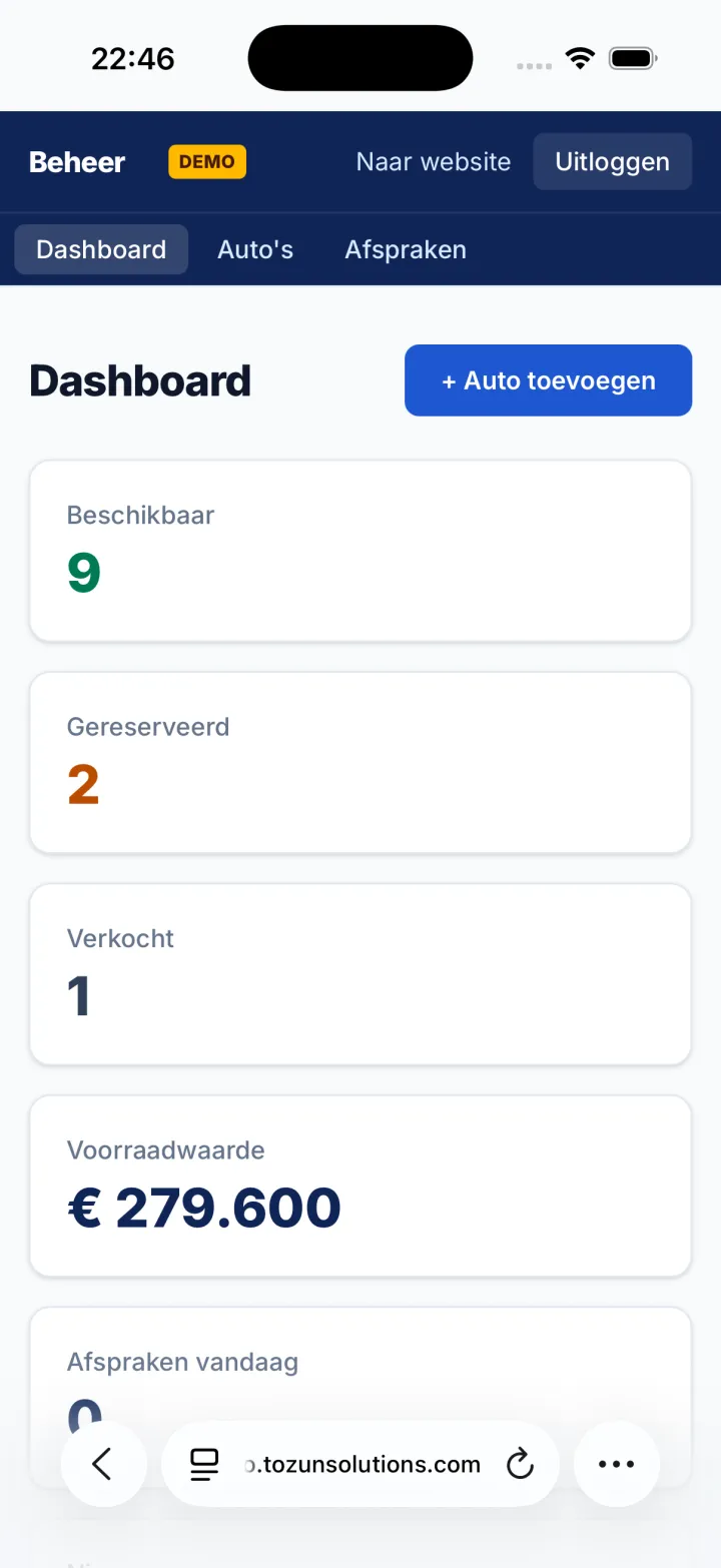 Dashboard van de beheeromgeving van Autohuis Merwede, met het aantal beschikbare, gereserveerde en verkochte auto's en een knop om een auto toe te voegen