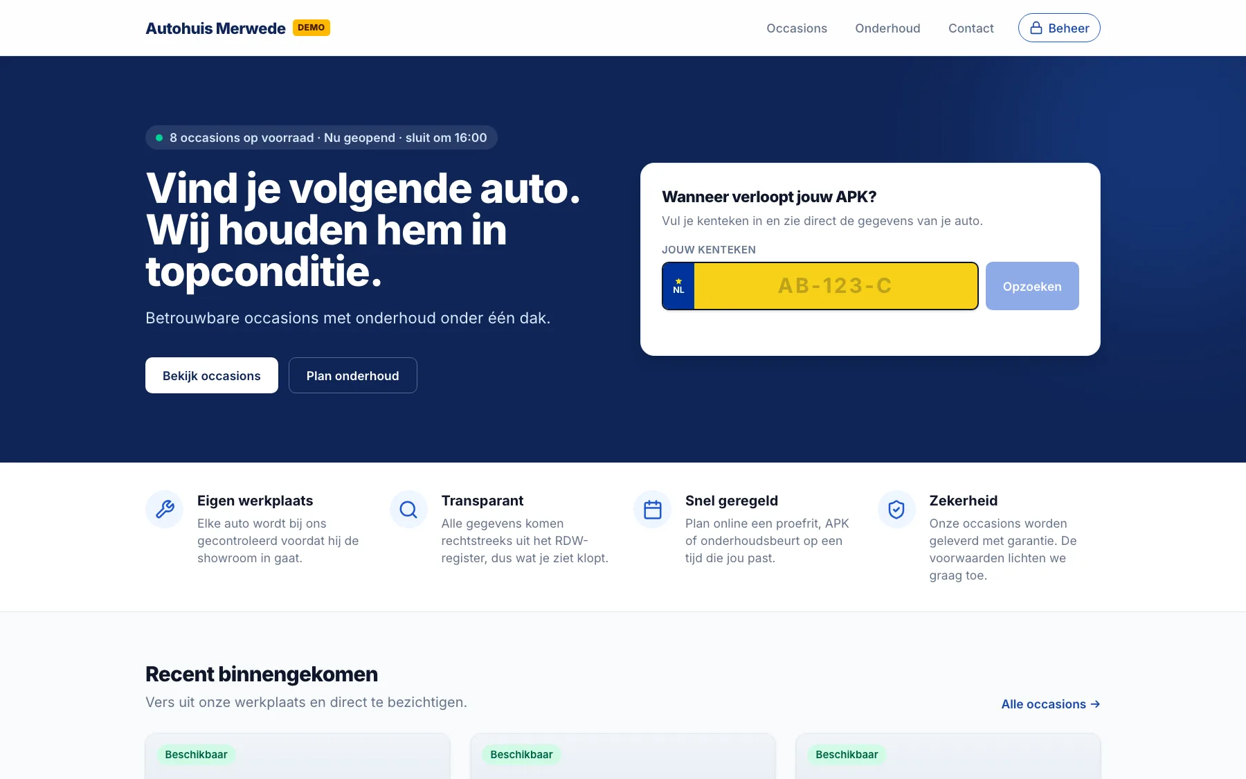 Autohuis Merwede homepage op desktop, met APK-check op kenteken