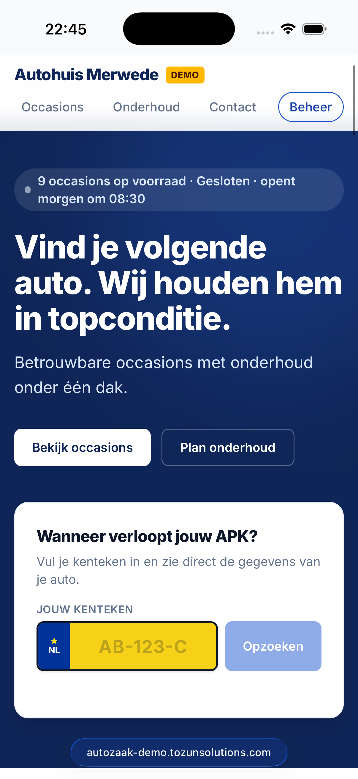 Autohuis Merwede homepage met APK-check op kenteken