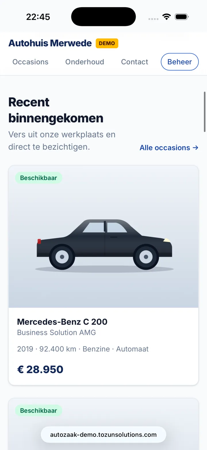 Het occasionoverzicht op de website van Autohuis Merwede, met een beschikbare Mercedes-Benz C 200
