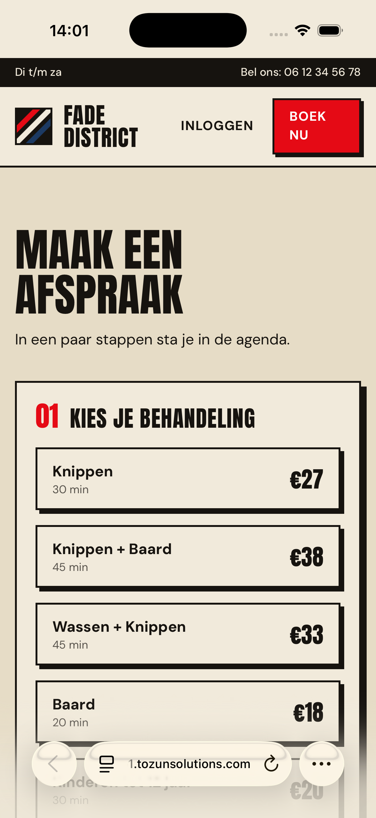 Fade District boekingsscherm om een behandeling te kiezen