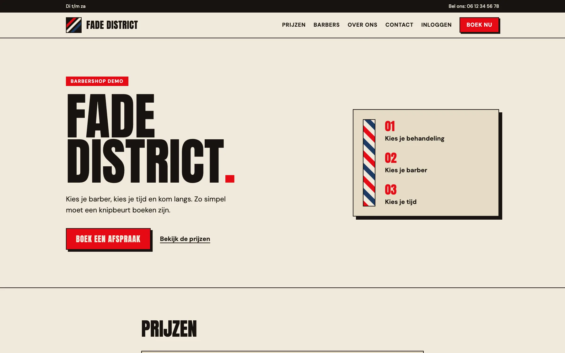 Homepage van de demowebsite Fade District op een laptop, met de drie stappen om een afspraak te boeken