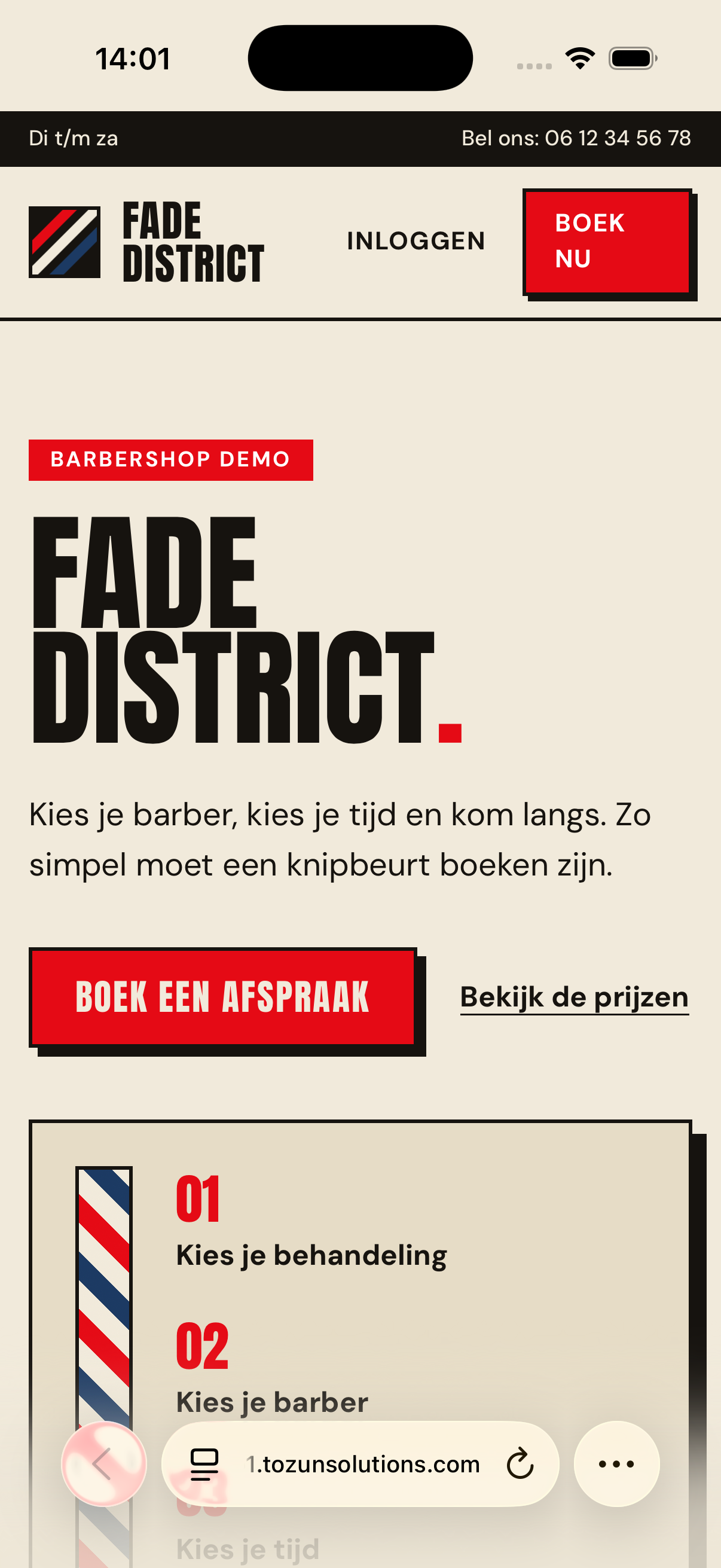 Fade District homepage met knop om een afspraak te boeken