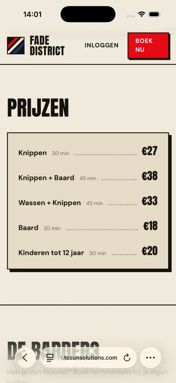 Fade District op mobiel: de prijslijst met alle behandelingen